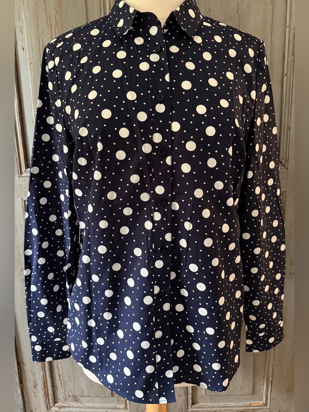 Boden Navy Blue Polka Dot classic Shirt size 12